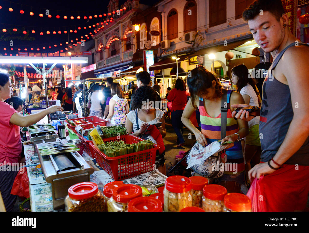 The vibrant street food market in the old town of Malacca in ...